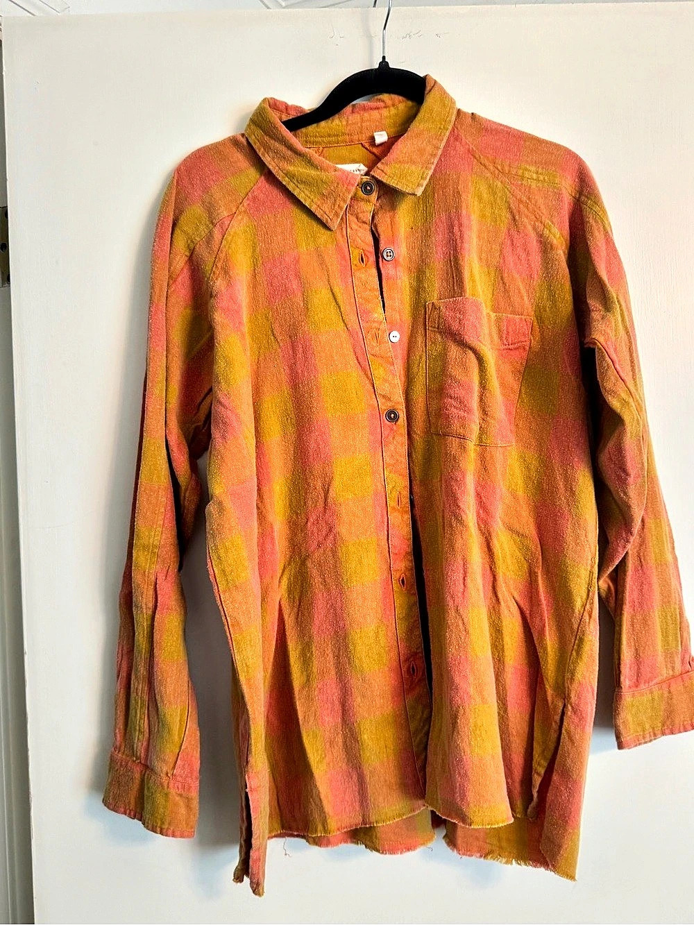 Free People Plaid Button Down Shirt in Orange & Pink Size Medium